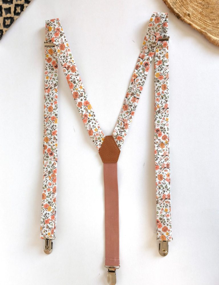 Bretelles pour homme / adulte, costume, couleur champêtre et bohème. Beige, fleurs, orange.