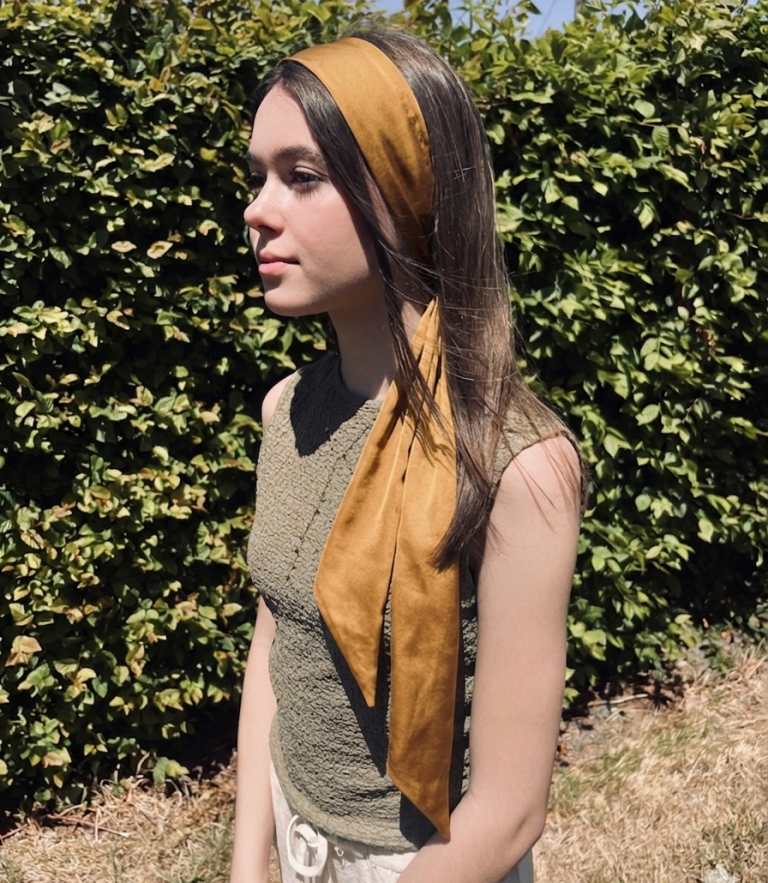 Bandeau-ceinture ocre porté dans les cheveux