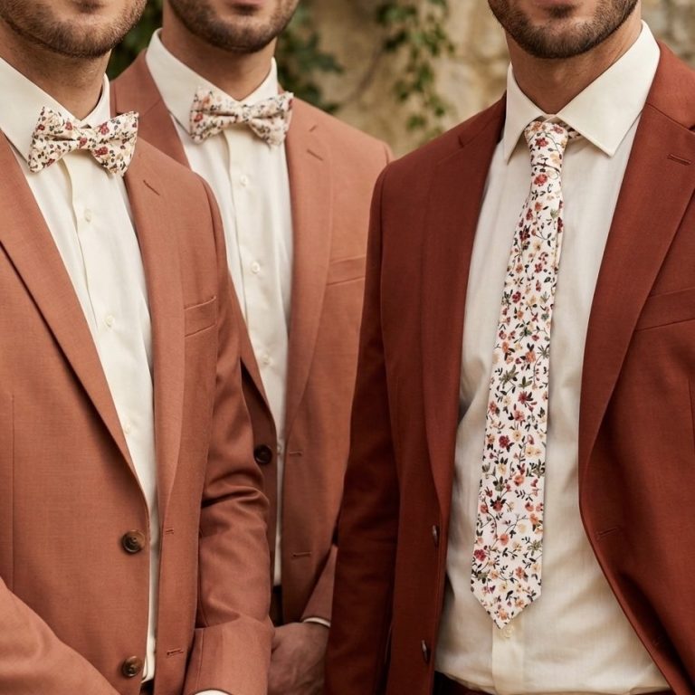 Hommes en costume terracotta avec nœuds papillon et cravate fleuris roses
